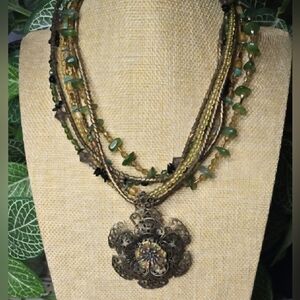 Chico's Gold, Bronze and Green Tone Multistrand Necklace